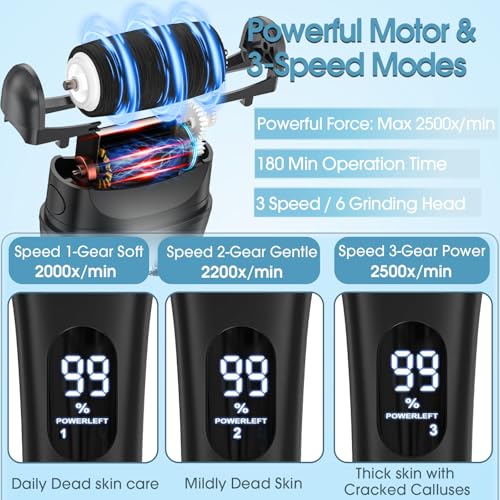 Electric Foot File for Callus Removal - 3 Speed & Larger Grinding Head, Pedicure Kit for Foot Care, Dead Skin Scrubber f