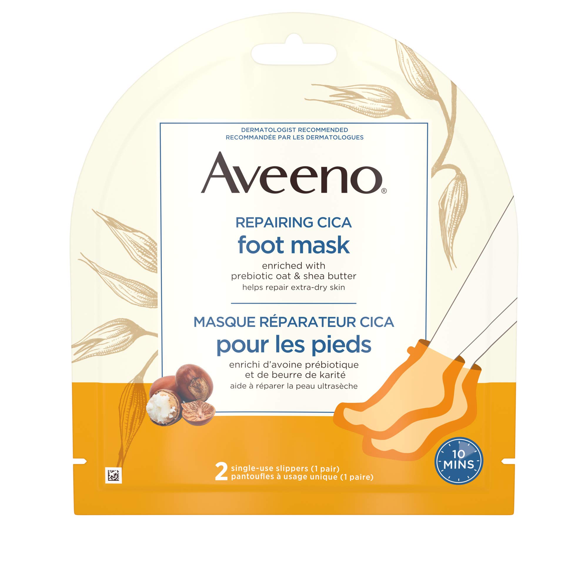 Aveeno Repairing CICA Foot Mask for Dry Skin, Moisturizing Slippers Mask, Prebiotic Oat and Shea Butter, 2 Single-Use Sl